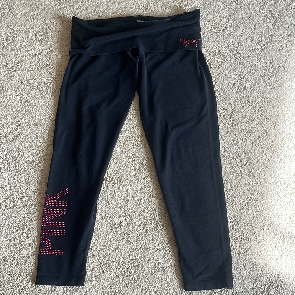 Pink Yoga Black Leggings With Pink Shine Fold Over Waist